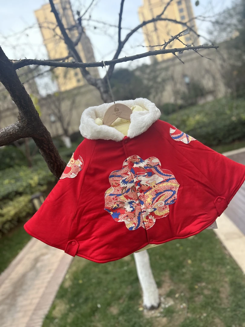 韩版女童保暖套装加绒秋冬中国风红色儿童男女宝宝冬季加厚披肩