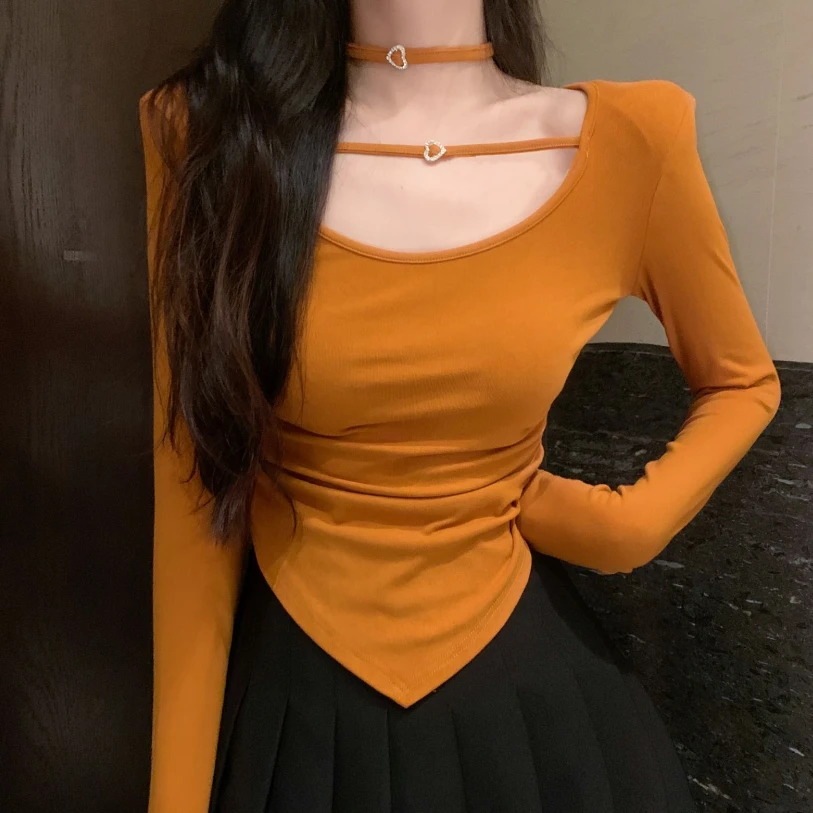 纯欲挂脖长袖显瘦紧身性感气质百搭辣妹不规则设计感修身锁骨衫
