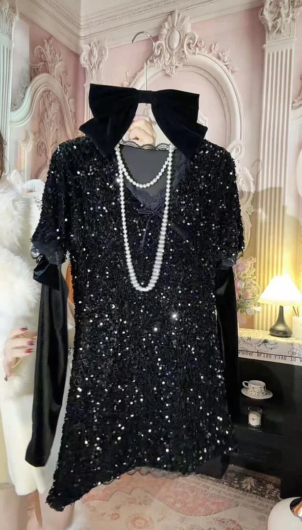 【崔】L0004拼接法式V领长款礼服女士蕾丝小香风带袖套连衣裙加厚