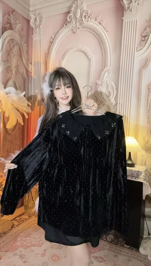 【崔】S0004复古设计感蕾丝拼接丝绒荷叶边长袖衬衫