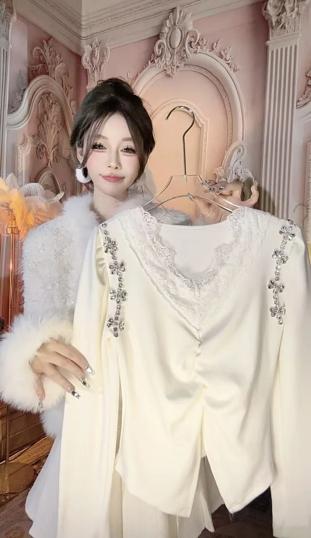 【崔】Z0100气质设计感针织衫女V领蕾丝长袖显瘦打底上衣