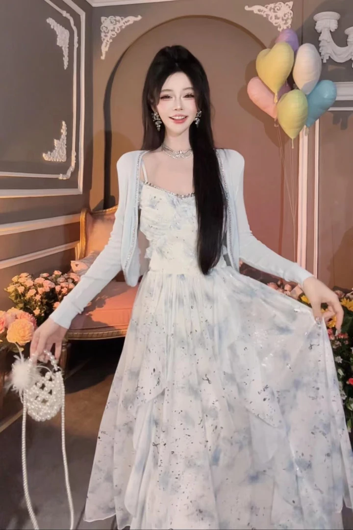 【崔】花纱轻舞 韩版春夏新款季亮片闪闪超仙碎花吊带连衣裙242017