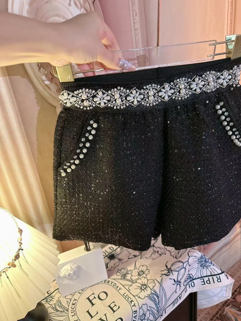 【崔】K0016小香风钉珠设计感阔腿短裤女秋冬高腰时尚百搭黑色