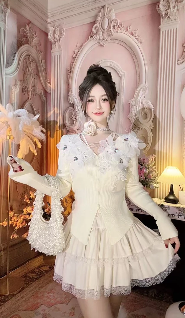 【崔】Z0127 蕾丝白色花朵针织衫打底衫毛针织衫毛衫冬季圆领长袖