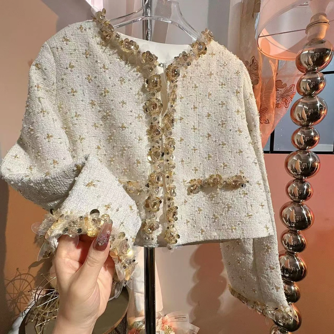 【崔】W0019 金色珍珠钻饰气质长袖小香风优雅短款外套