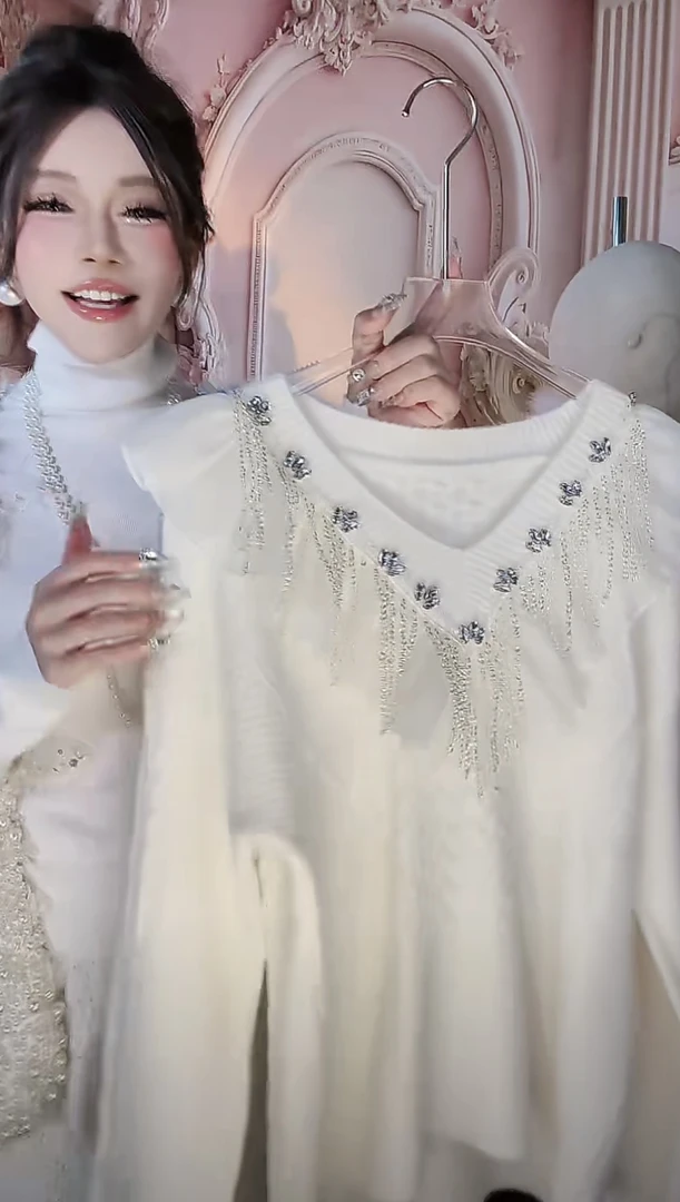 【崔】M0143甜美钉珠拼接网纱针织流苏上衣温柔毛衣套头秋冬新款