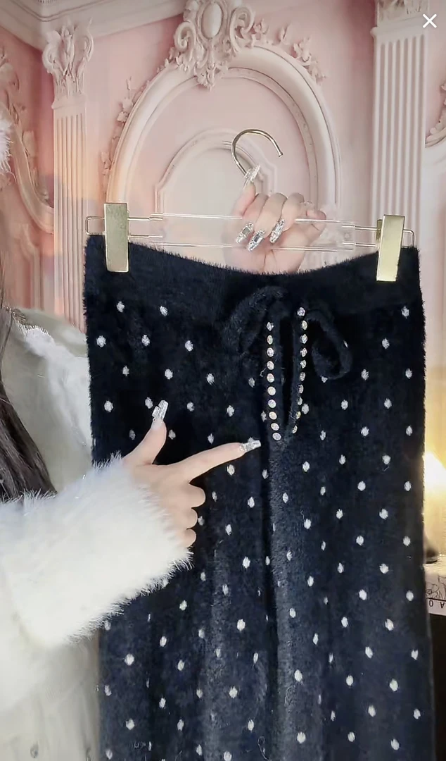 【崔】K0031阔腿裤女加绒波点高腰垂感直筒长裤冬季