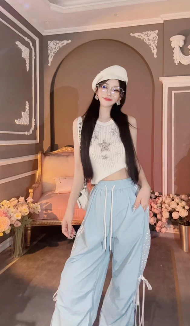 【崔】星星点灯 重工五角星烫钻背心小香风背心短款吊带242376