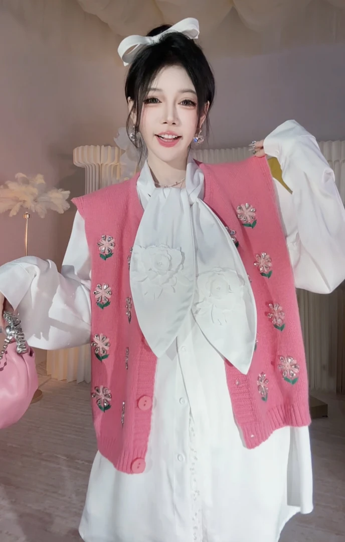 【崔】粉色小花 韩版宽松毛衣马甲女无袖针织开衫外搭上衣243244