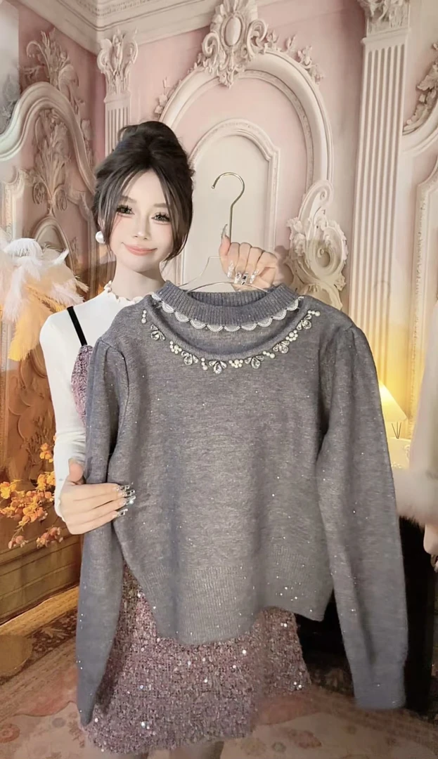 【崔】M0156蕾丝挂脖领钉珠毛衣温柔风针织上衣秋冬款