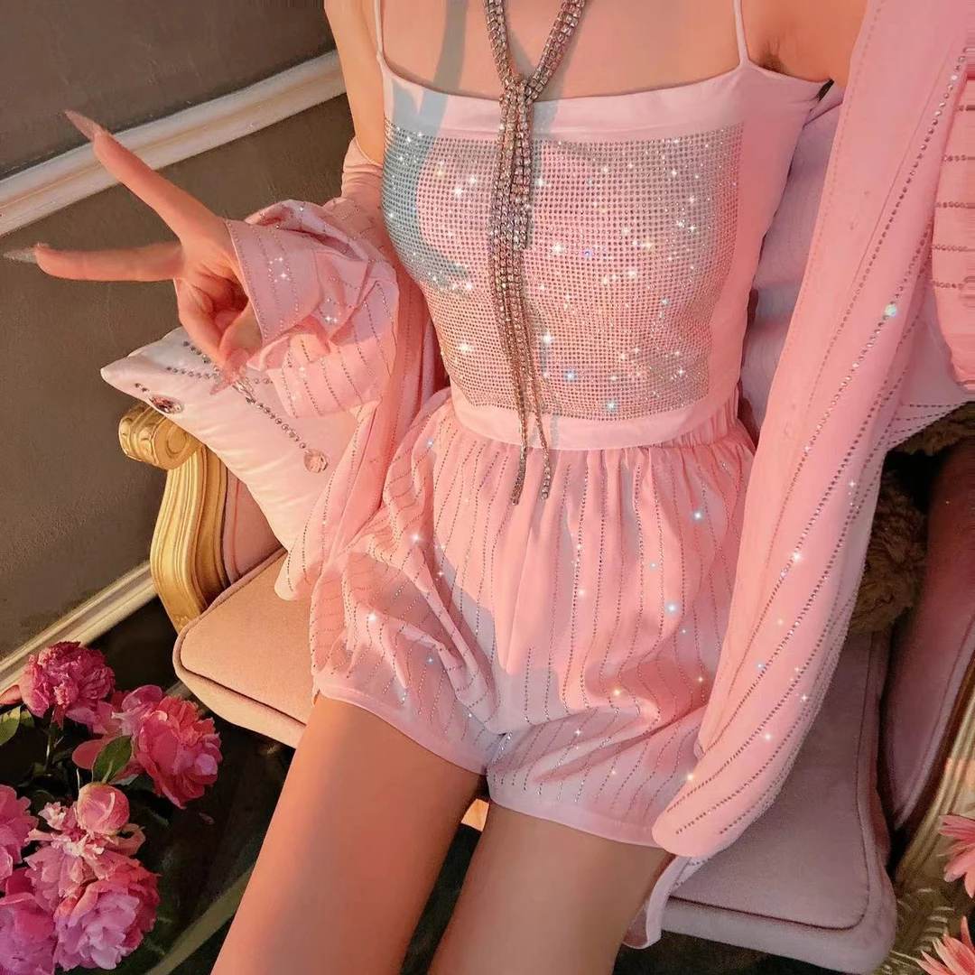 【崔】闭眼入 02485带胸垫辣妹百搭显瘦烫钻闪弹力亮亮闪吊带背心