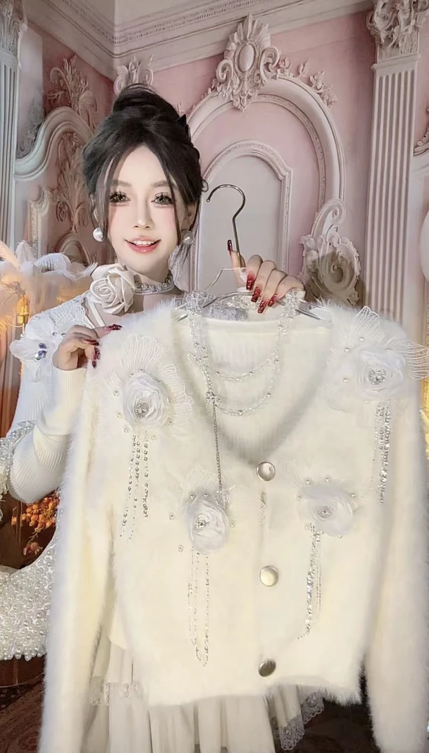 【崔】M0162 时尚百搭毛针织衫花花流苏长袖毛衣开衫