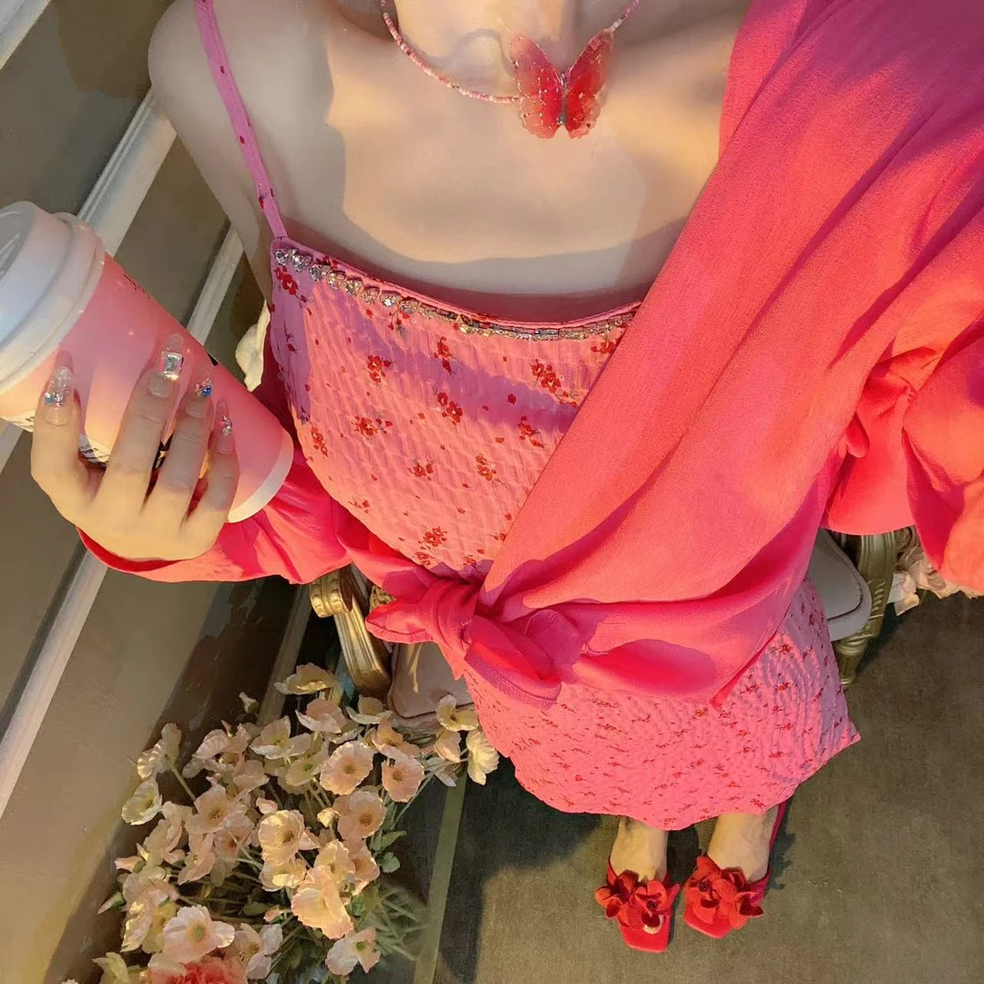 【崔】樱花蜜桃 碎花连衣裙法式纯欲两件套吊带裙小个子短裙243167