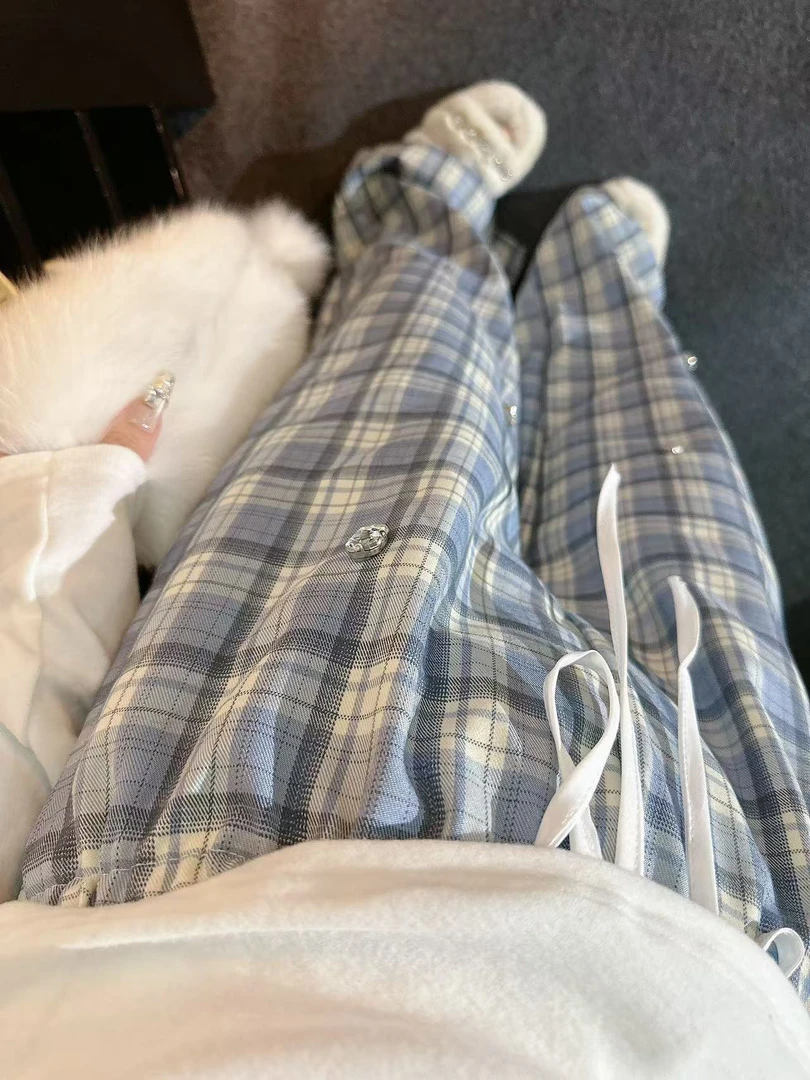 【崔】清韵 蓝色格子裤女高腰垂感宽松直筒休闲阔腿裤秋冬季243589