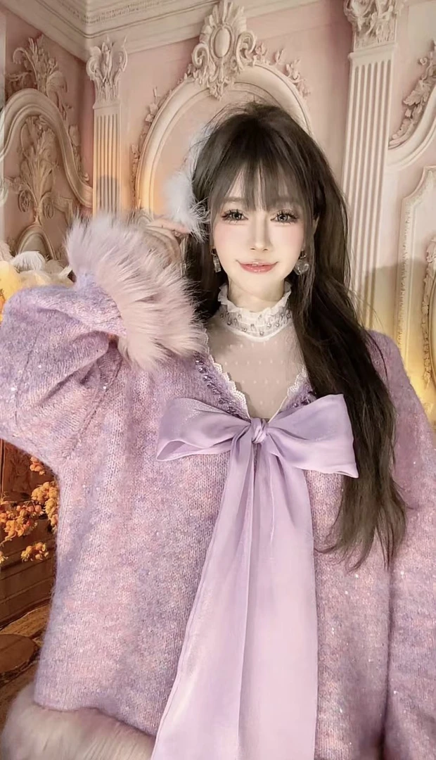 【崔】M0120蕾丝边V领毛毛拼接蝴蝶结丝带慵懒风毛衣