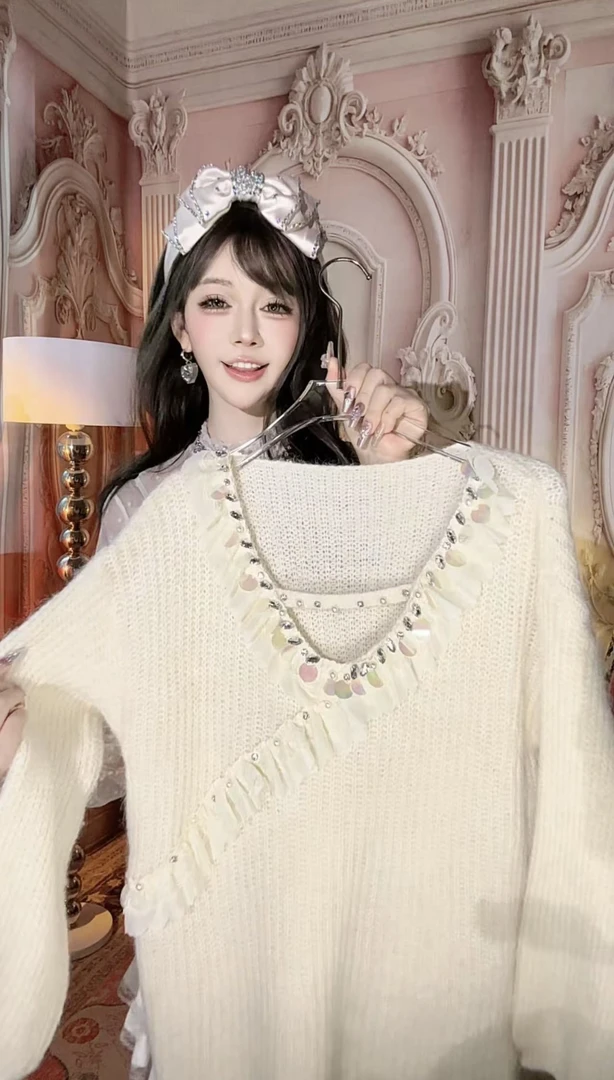 【崔】M0076蕾丝拼接甜美减龄宽松慵懒风毛衣设计感上衣亮片