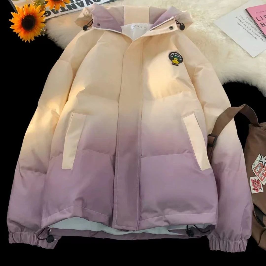 花棉袄渐变色棉服2023冬季加厚新款宽松面包服外套连帽时尚减龄