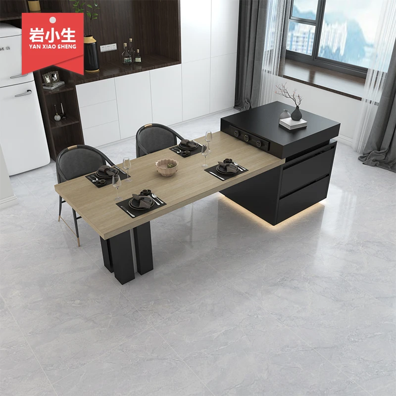 中古风厨房岛台操作台北美黑胡桃木纹岩板茶台餐桌意式多功能吧台