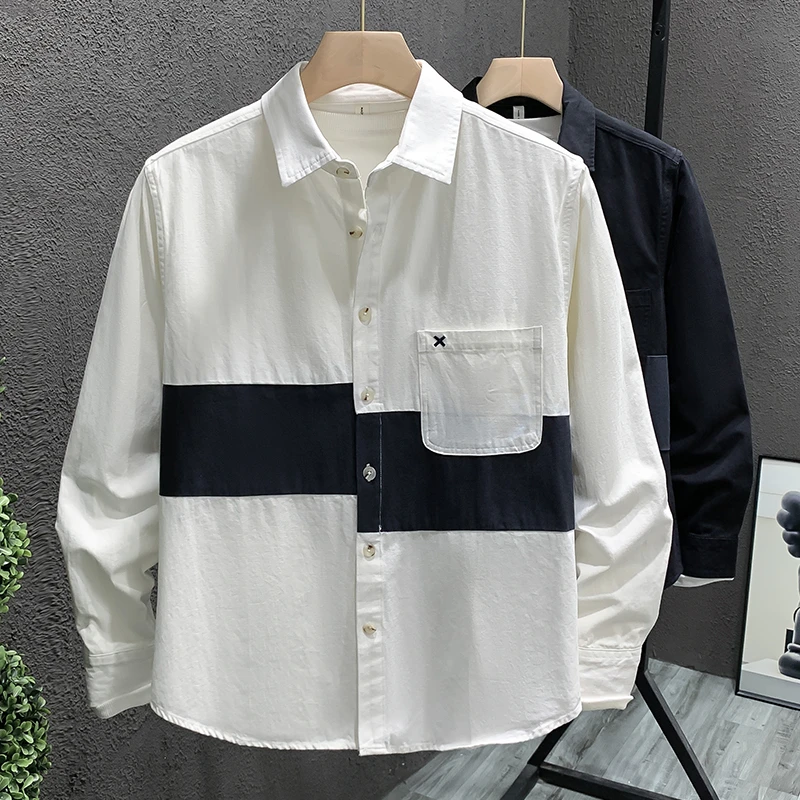 新款日系撞色拼接男士长袖休闲百搭衬衫设计感男文艺宽松青年上衣