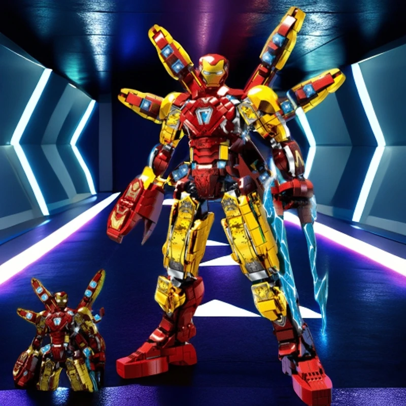 升级版复仇联盟钢铁侠MK85带炫彩灯光+夜光拼搭积木益智玩具