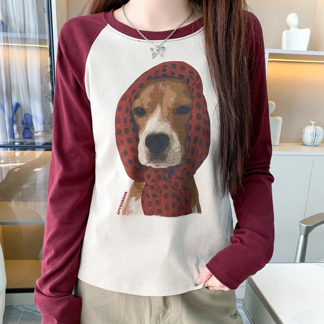Apvr斑点头巾小狗2024早秋新款打底衫百搭时尚圆领长袖T恤女C619