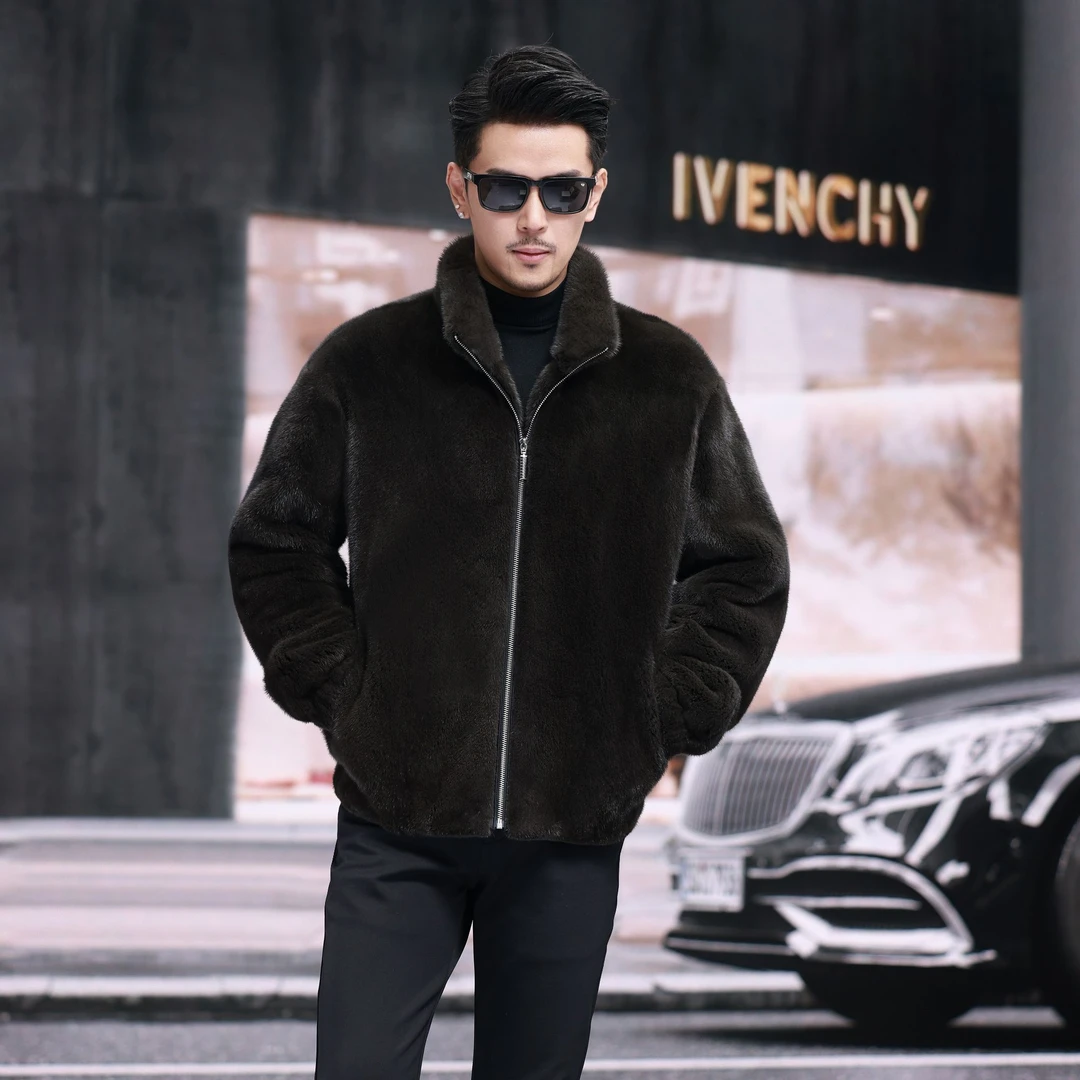 海宁貂皮大衣时尚男装爱丁堡灰立领进口水貂冬季保暖皮草外套