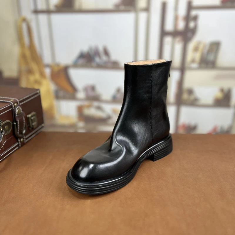 【水洗马皮】3.5cm跟/极简高筒马丁靴英伦风机车靴女切尔西靴