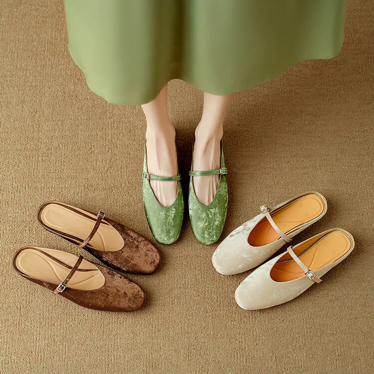 中国风/2cm跟/丝绸牛皮+牛皮垫/时尚夏季软底春夏法式方头包头拖