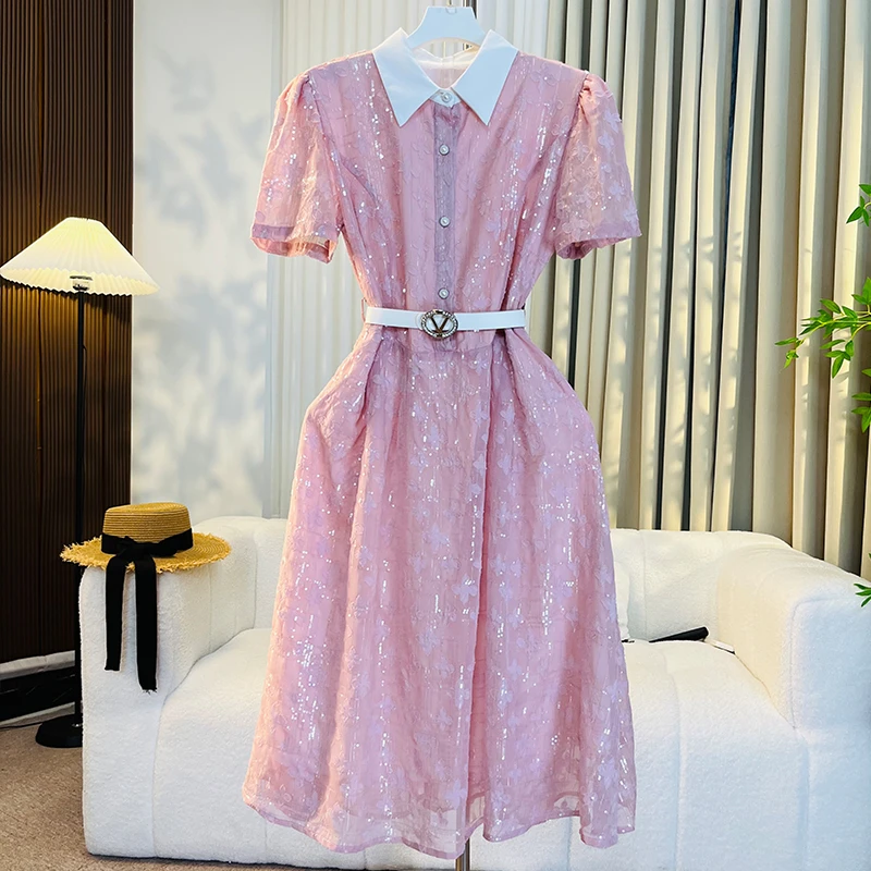 2025粉红珠片女装连衣裙设计师推荐珠片绣收腰显瘦时尚百搭连衣裙