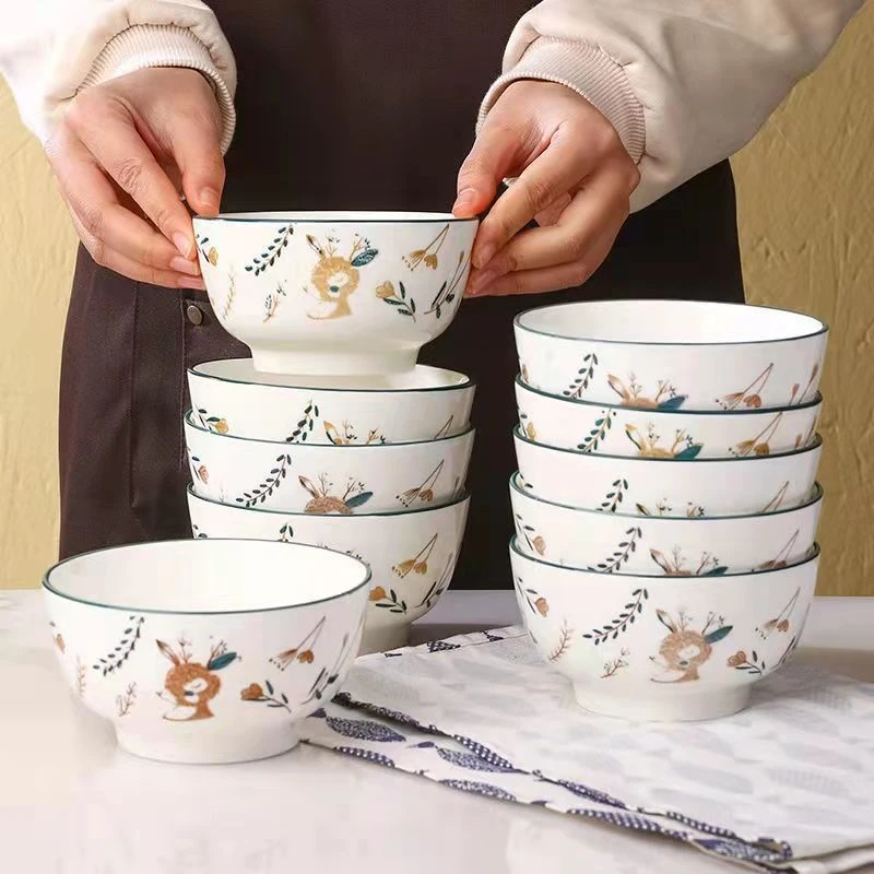 工厂一鹿有你陶瓷米饭碗5英寸英寸10只装防烫耐高温家用餐具釉下