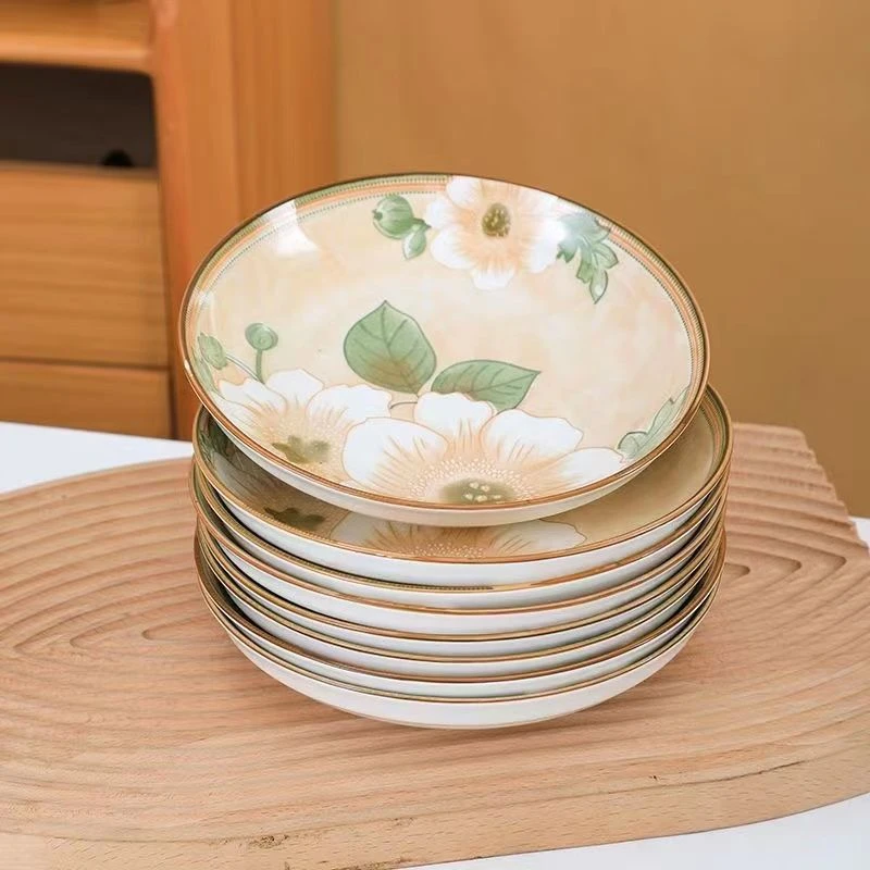 鎏昉琤山茶花8英寸菜盘6-10只陶瓷釉下彩家用菜盘陶瓷碗碟饭碗