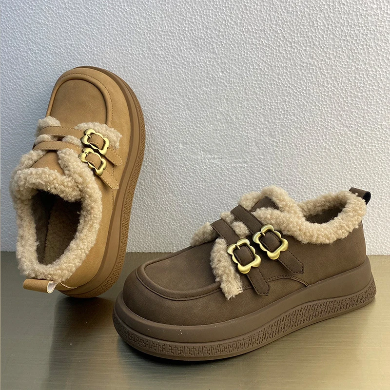 真皮厚底加绒保暖勃肯鞋女潮2024秋冬新款时尚百搭棉鞋休闲乐福鞋