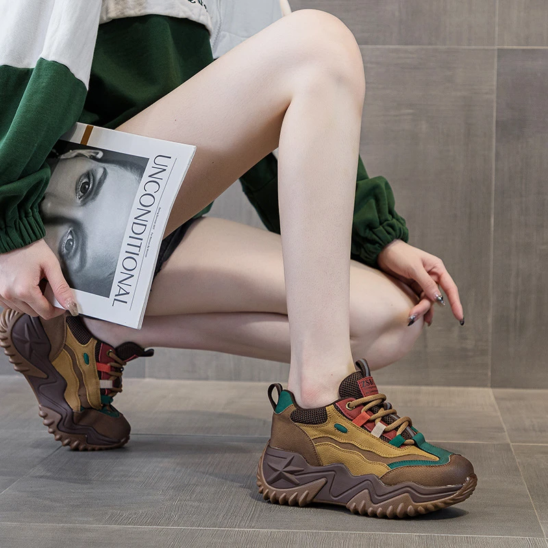 真皮松糕厚底老爹鞋女2024秋冬新款百搭加绒小个子网红运动休闲鞋