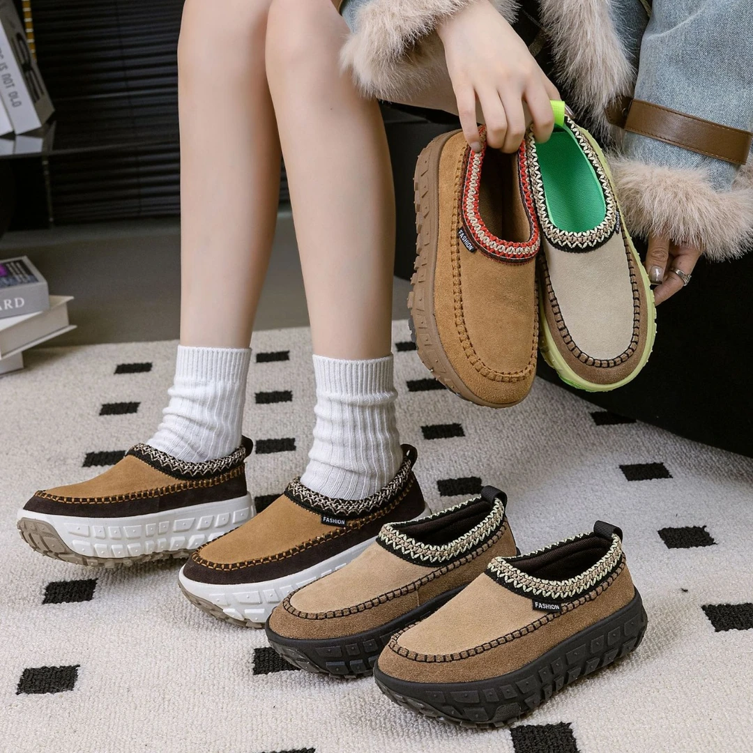 2024秋季新款轮胎底加绒面包鞋女民族风单鞋厚底一脚蹬懒人休闲鞋