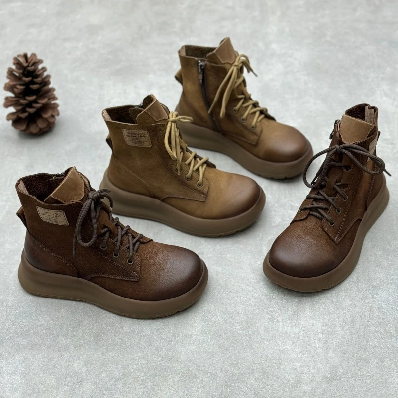 手工厚底真皮马丁靴2024秋冬复古文艺圆头系带侧拉链时尚牛皮短靴