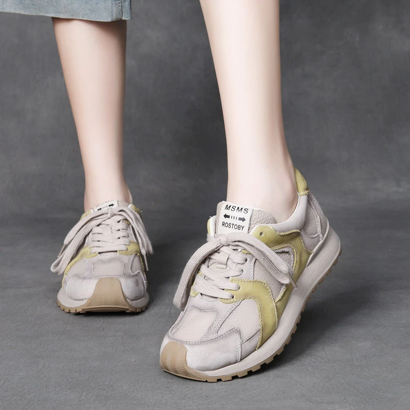 2025春季真皮老爹鞋女时尚拼色低跟平底鞋单鞋系带休闲鞋运动板鞋