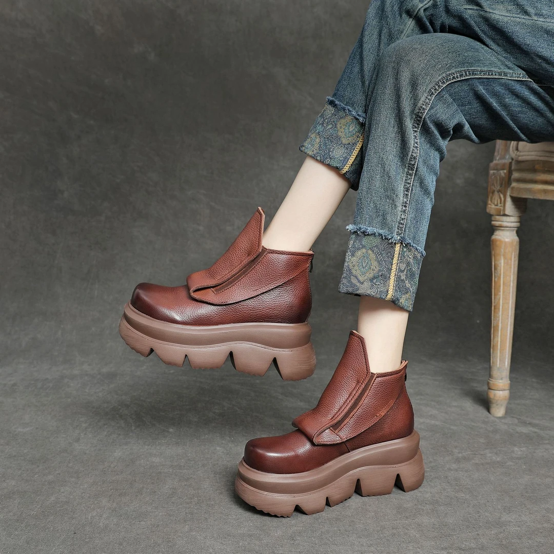 2024秋冬新款厚底真皮复古后拉链拼色短靴百搭时尚头层牛皮女鞋