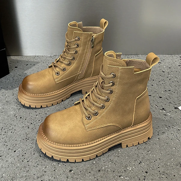 内增高真皮马丁靴女2024秋冬新款英伦风百搭小码短靴网红大黄靴