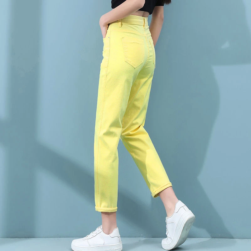 薄款黄色牛仔九分老爹裤女2025夏季宽松高腰彩色休闲小个子哈伦裤
