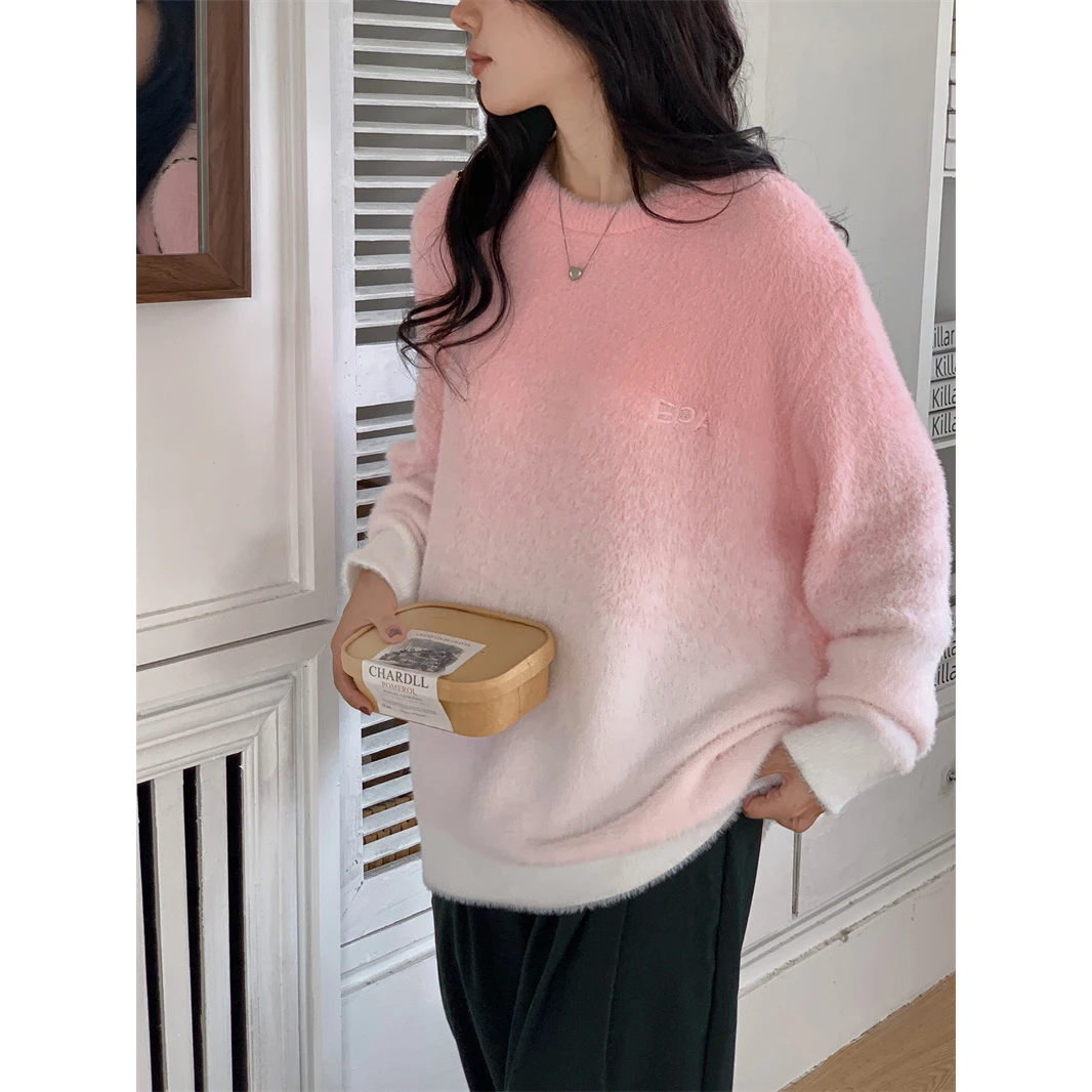 毛衣女宽松慵懒风日系复古渐变色针织衫圆领套头上衣