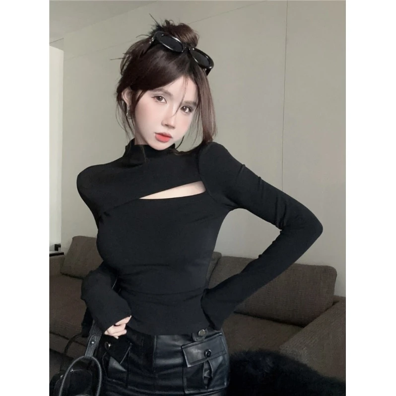 加厚德绒黑色显瘦长袖T恤女春秋冬设计感镂空半高领内搭打底睡衣