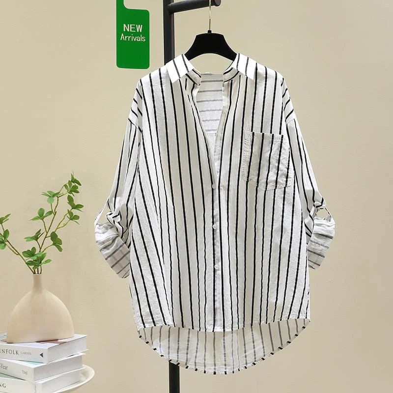 中长款长袖服黑色条纹衬衫女外套2025秋季新款宽松休闲衬衣上衣潮