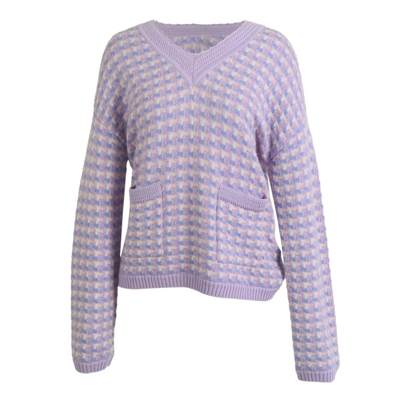 舒迪茗媛秋冬紫色格纹羊绒衫