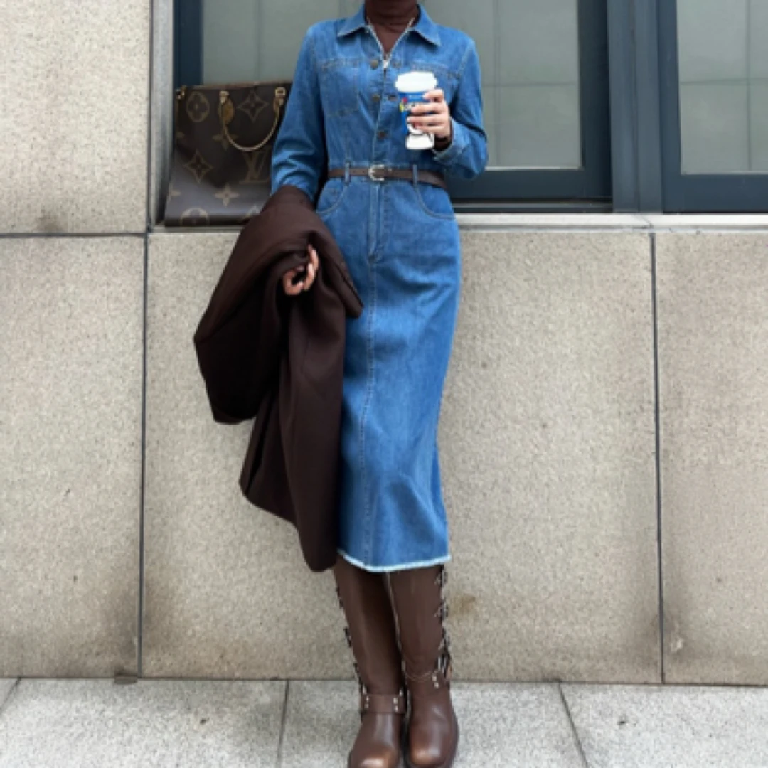 新款时尚经典复古百搭翻领长袖牛仔连衣裙 5500657