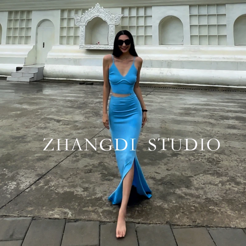 欧美夏款天蓝色吊带鱼尾裙两件套莱塞冰丝侧开叉半身裙性感时尚