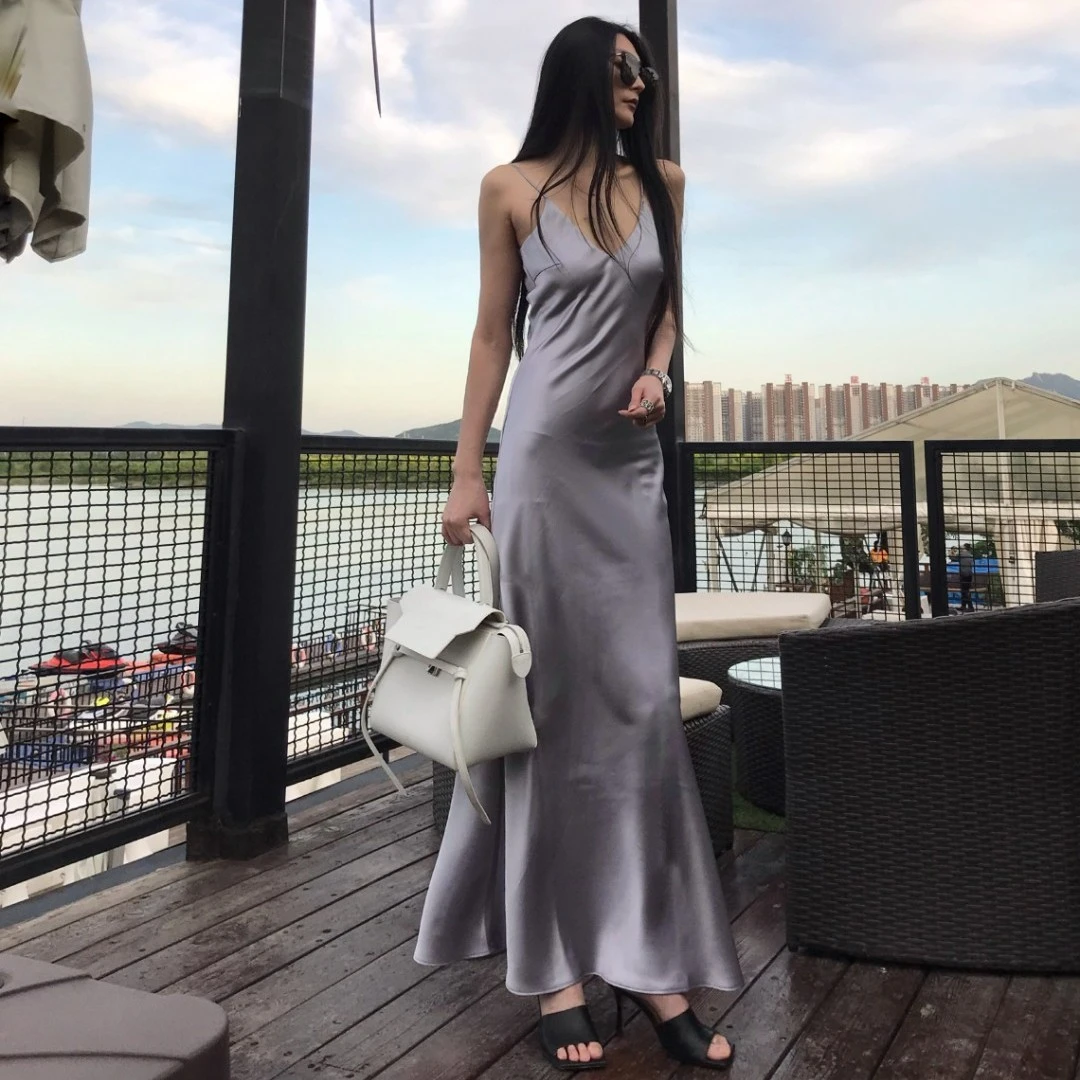 醋酸吊带长裙水银色欧美风法式性感纯色无袖连衣裙夏季气质