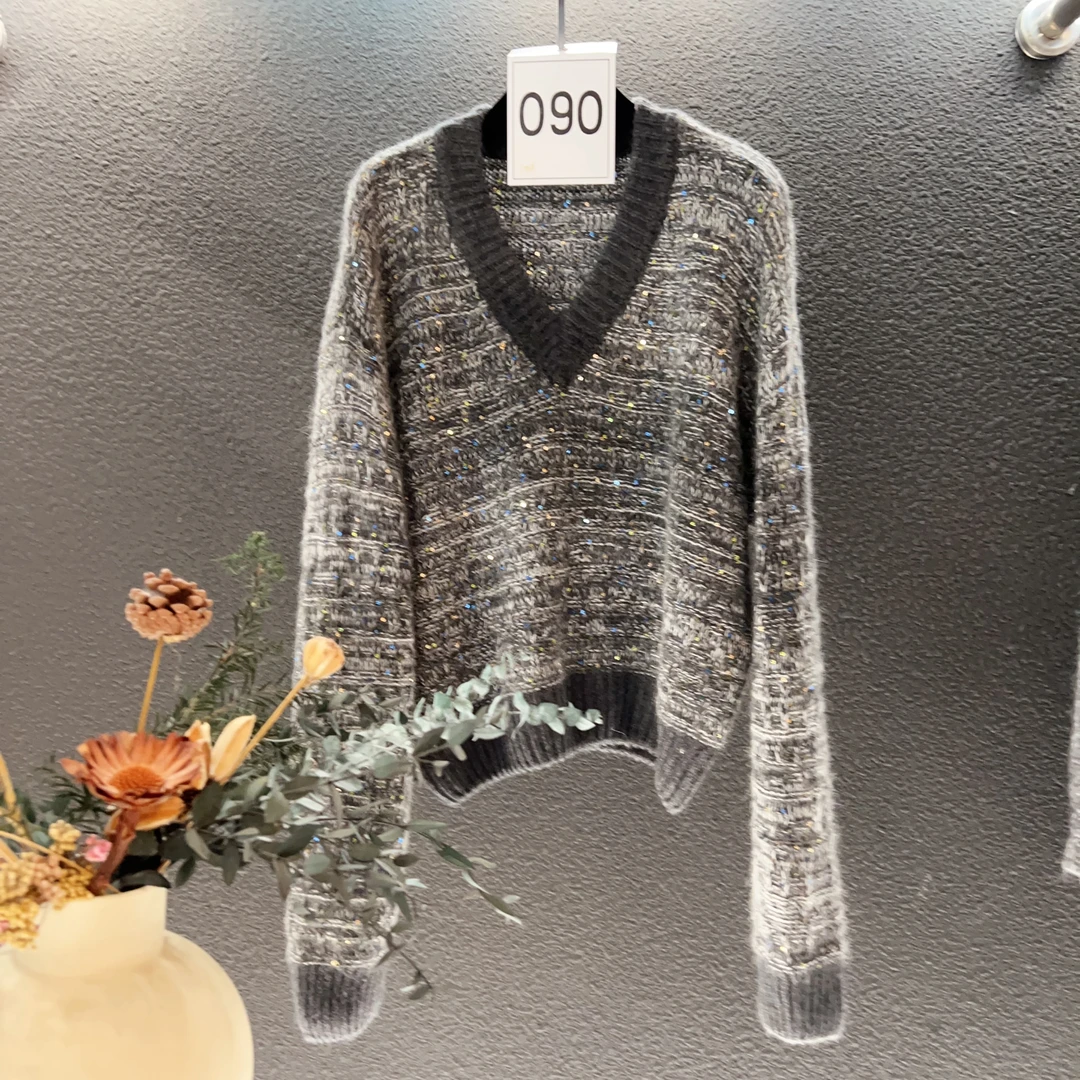 高端定制090 洋气毛衣套头V领气质长袖秋冬羊绒羊毛针织衫时尚