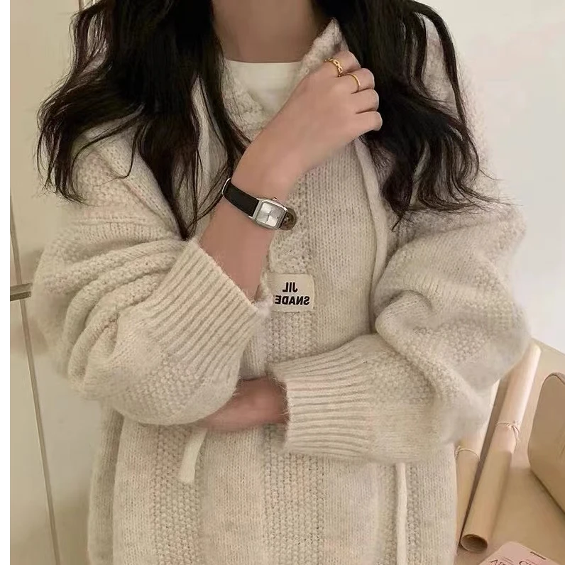 秋冬氛围感百搭连帽毛衣韩版宽松慵懒风软糯加厚抽绳针织卫衣上衣