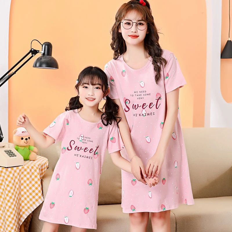 夏季母女儿童睡裙女童薄款纯棉短袖卡通中大童亲子夏天睡衣连衣裙