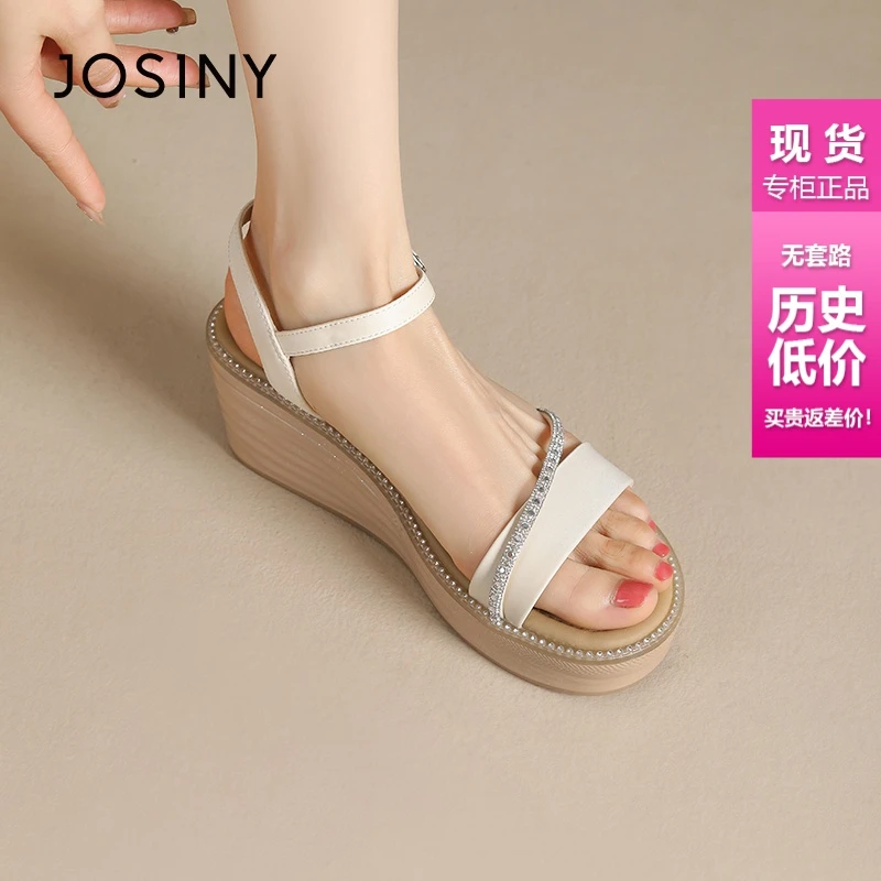 卓诗尼坡跟凉鞋女松糕底2024新款夏季时尚休闲水钻厚底增高沙滩鞋